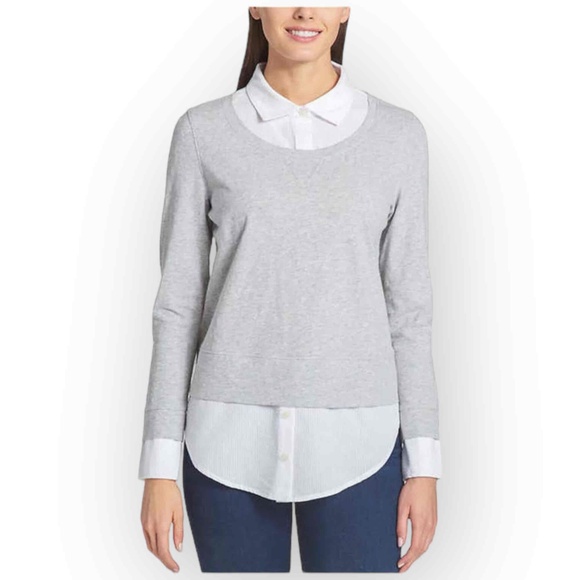 Tommy Hilfiger Tops - Tommy Hilfiger Women’s Gray Heather Collared Long Sleeve 2Fer Blouse Small 0971S